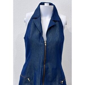 David Meister Y2K Metallic Denim Halter Dress Zip Front USA Made Size 6 Rare‎